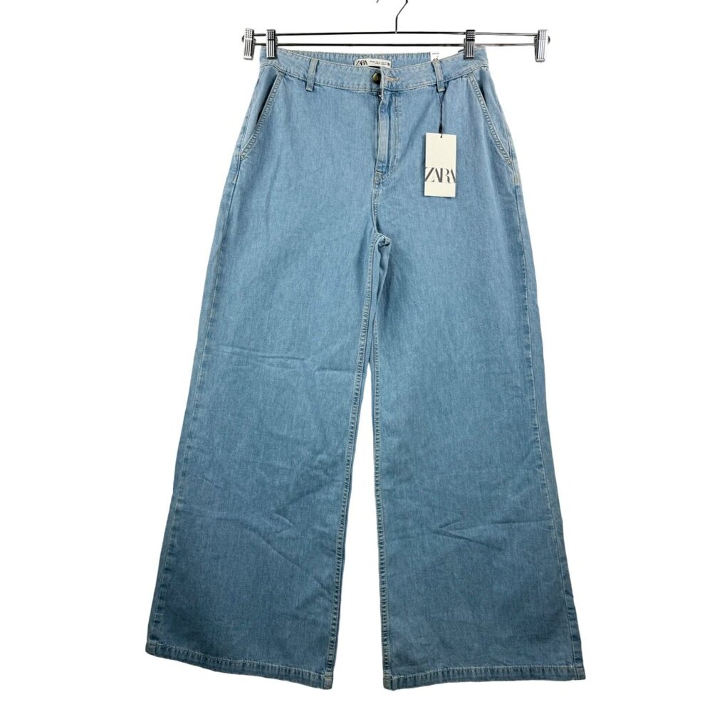 Zara wide leg high rise seamless long length Jeans rigid blue 90s sz‎ 8